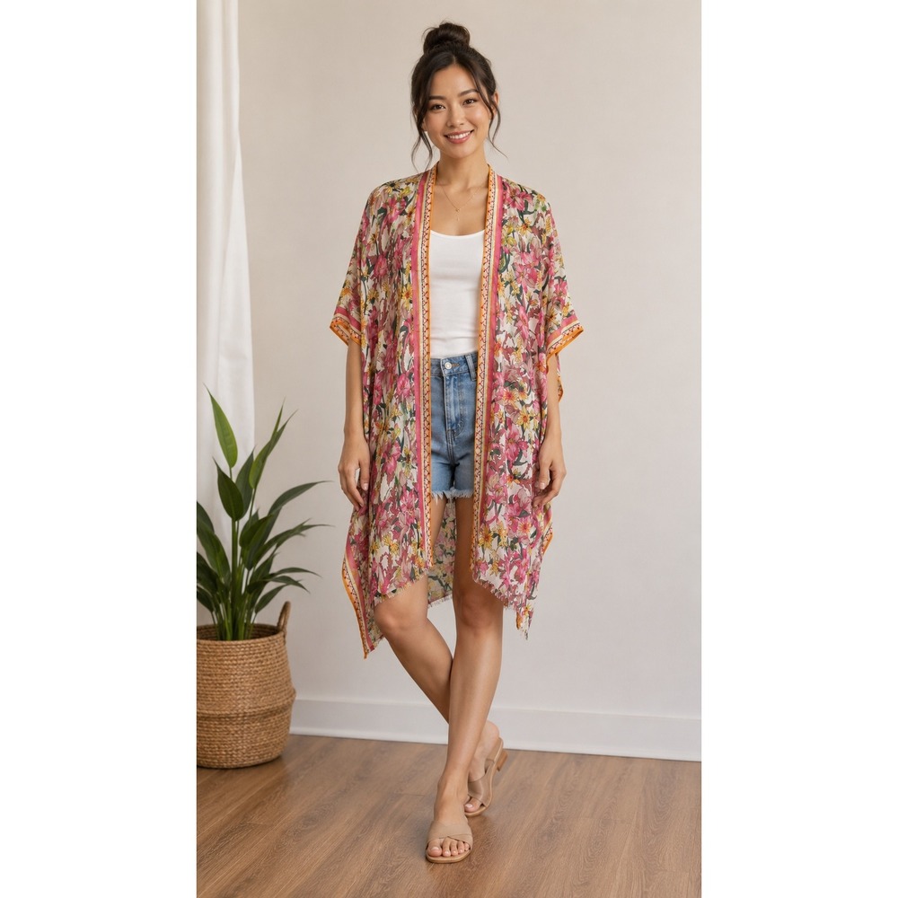 Aratta Silent Journey Floral Cotton Kimono Wrap Pink Rose One Size ED19BC620 NEW